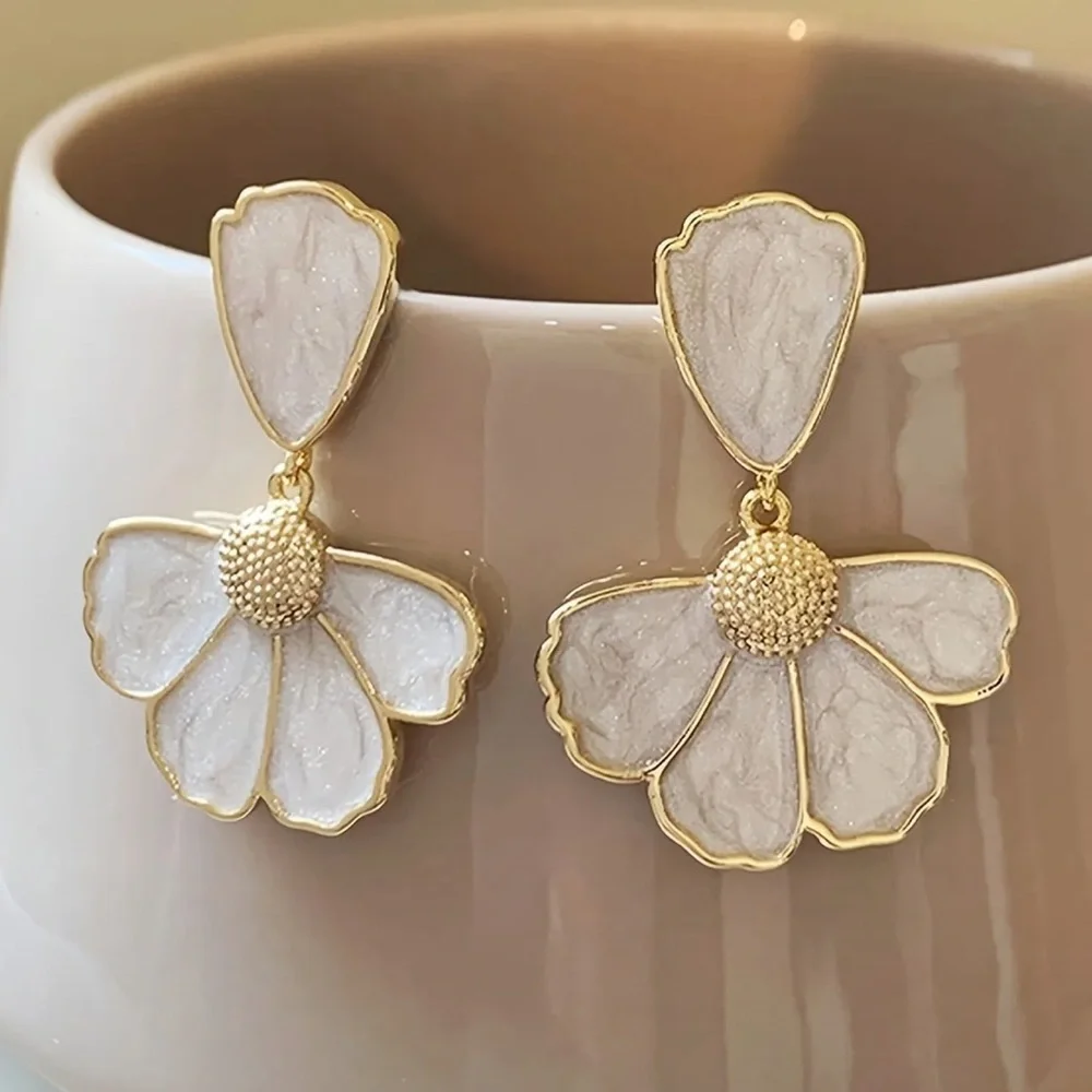Gold Cream Floral Statement Earrings. Korean Style Layered Petal Dangle Earrings